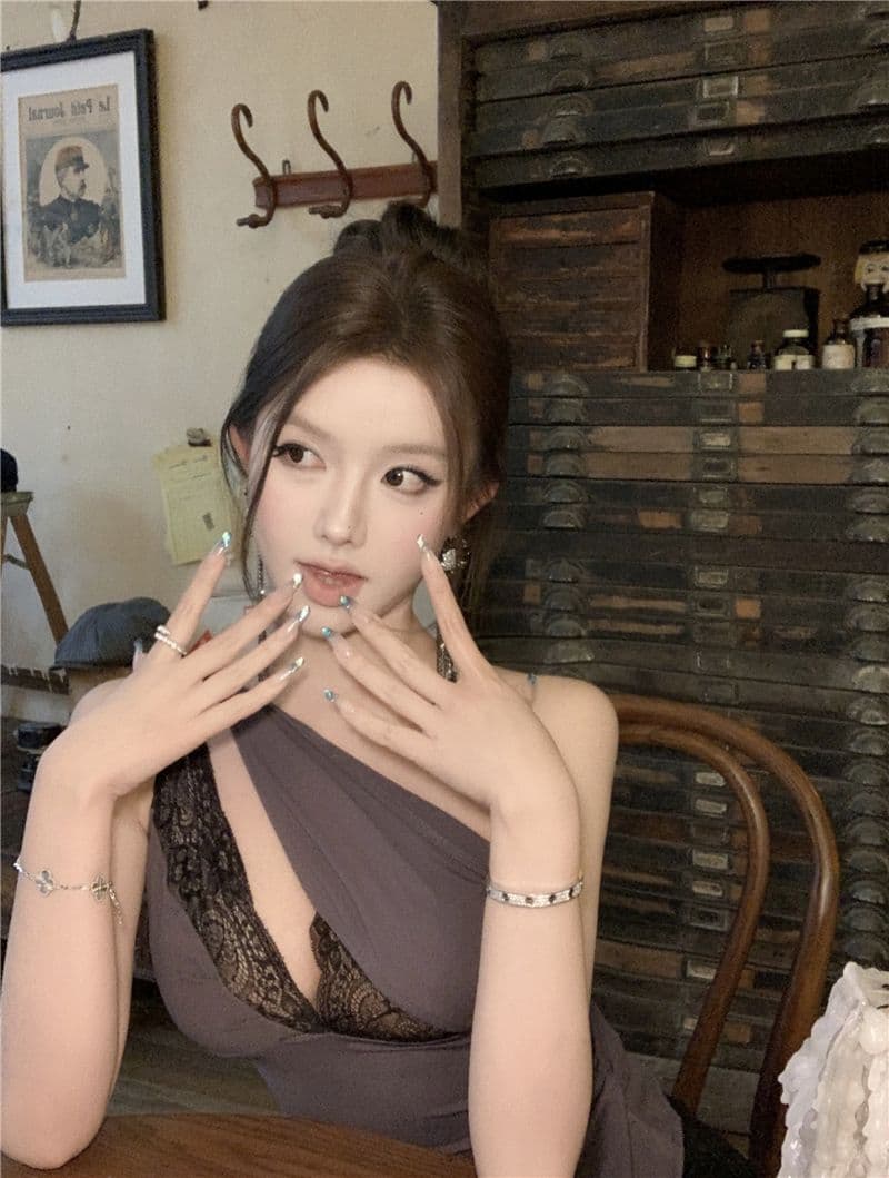레이스 조각 비스듬한 어깨 캐미솔 여름 순수한 욕망 핫걸 작은 대중 주름 몸매 가꾸기 불규칙 맨위 외출용 상세 이미지 6