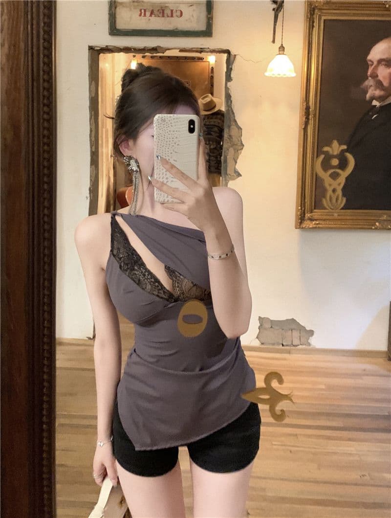 레이스 조각 비스듬한 어깨 캐미솔 여름 순수한 욕망 핫걸 작은 대중 주름 몸매 가꾸기 불규칙 맨위 외출용 상세 이미지 8