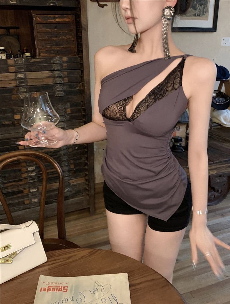 레이스 조각 비스듬한 어깨 캐미솔 여름 순수한 욕망 핫걸 작은 대중 주름 몸매 가꾸기 불규칙 맨위 외출용 상세 이미지 10