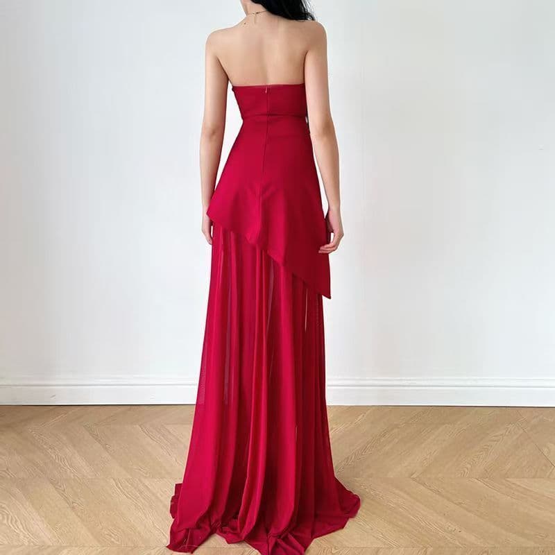 instunning 유럽과 미국 스타일 품격 고급 로얄 자매 롱 스커트 연회 예복 튜브탑 망사 패치워크 진자 드레스 상세 이미지 11