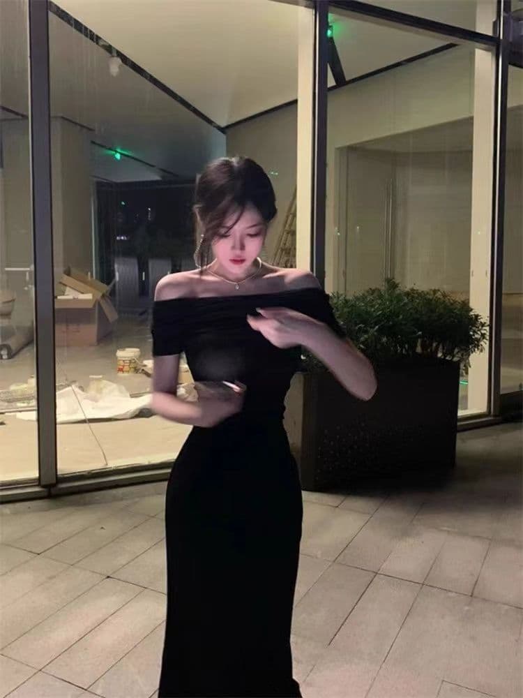 사람들 면 1 1 프랑스식 순수한 욕망 바람 검정색 오프숄더 보트넥 드레스 새로운 섹시함 드레스 상세 이미지 6