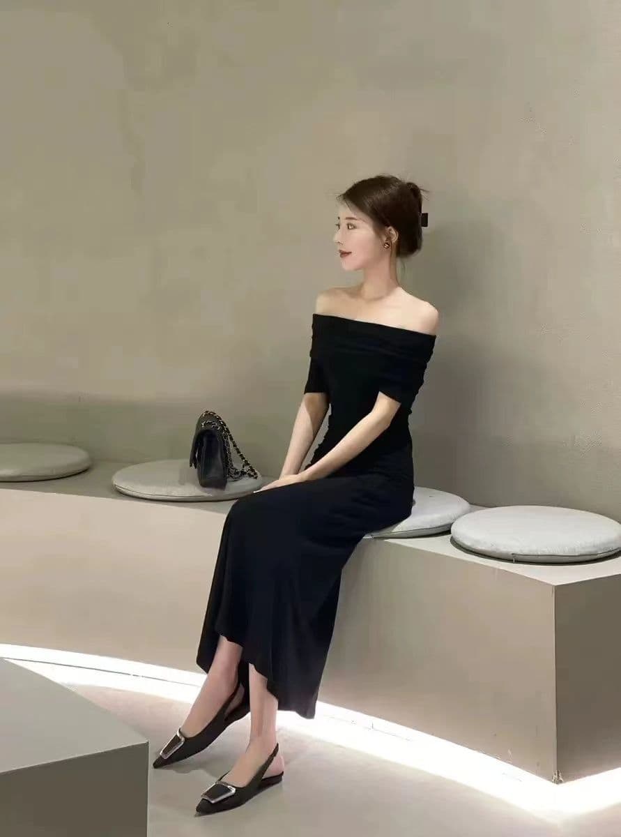 사람들 면 1 1 프랑스식 순수한 욕망 바람 검정색 오프숄더 보트넥 드레스 새로운 섹시함 드레스 상세 이미지 8