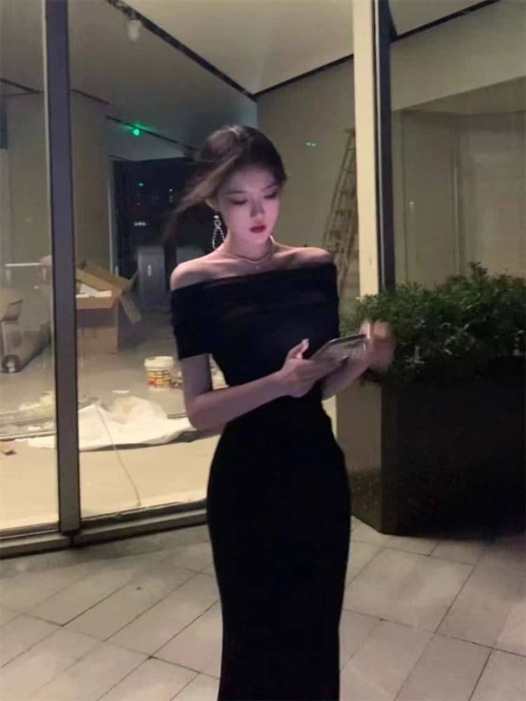 사람들 면 1 1 프랑스식 순수한 욕망 바람 검정색 오프숄더 보트넥 드레스 새로운 섹시함 드레스 상세 이미지 11