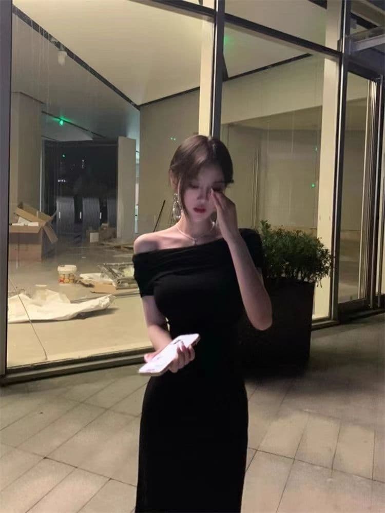 사람들 면 1 1 프랑스식 순수한 욕망 바람 검정색 오프숄더 보트넥 드레스 새로운 섹시함 드레스 상세 이미지 12