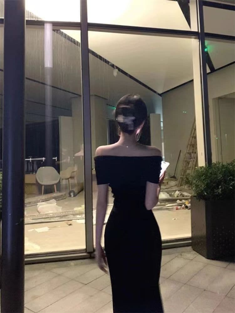 사람들 면 1 1 프랑스식 순수한 욕망 바람 검정색 오프숄더 보트넥 드레스 새로운 섹시함 드레스 상세 이미지 13