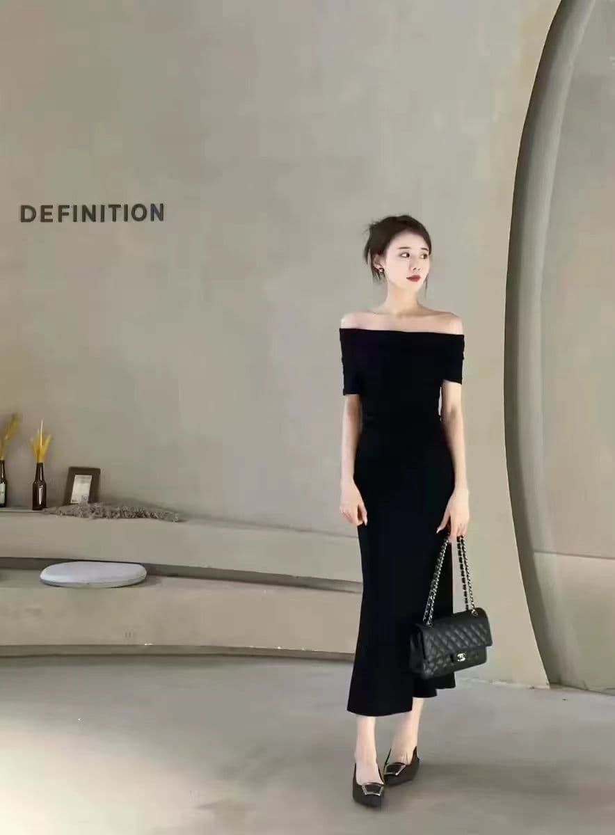 사람들 면 1 1 프랑스식 순수한 욕망 바람 검정색 오프숄더 보트넥 드레스 새로운 섹시함 드레스 상세 이미지 17