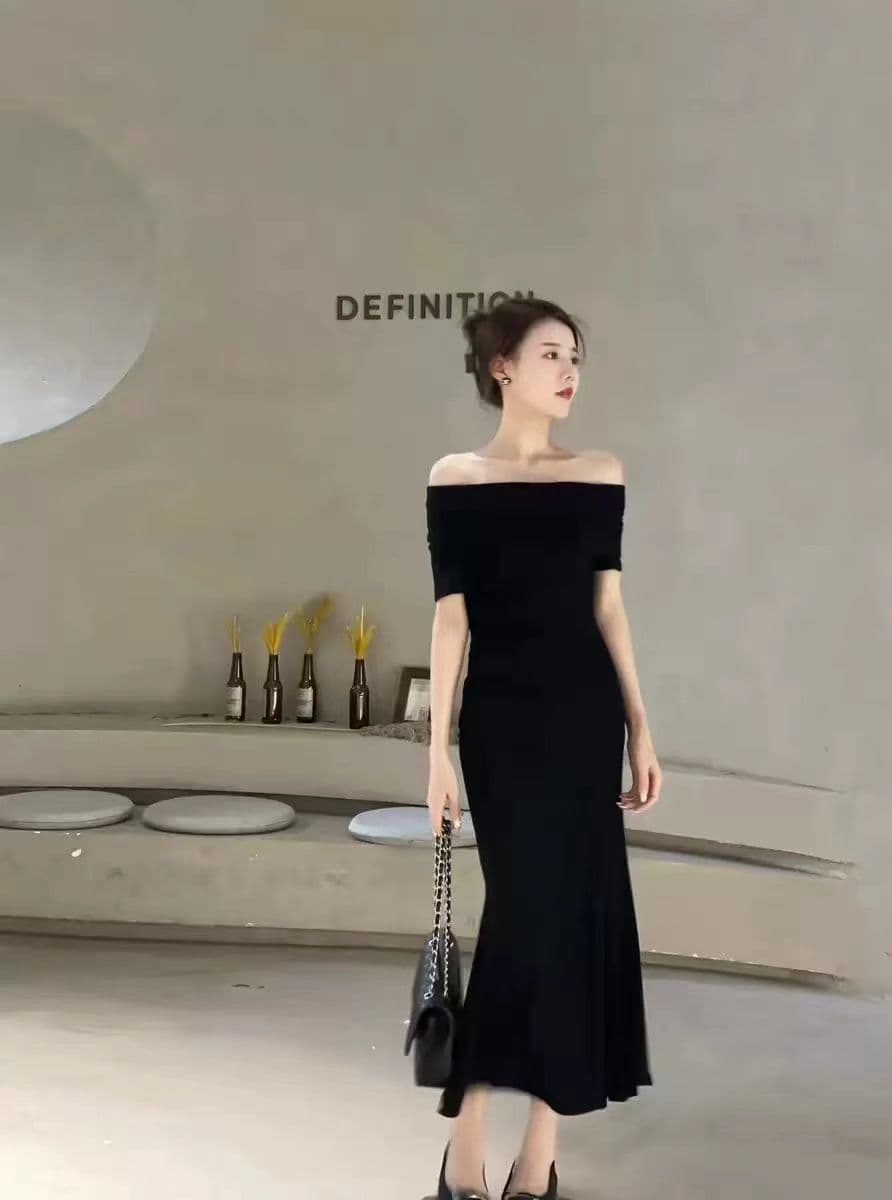 사람들 면 1 1 프랑스식 순수한 욕망 바람 검정색 오프숄더 보트넥 드레스 새로운 섹시함 드레스 상세 이미지 18