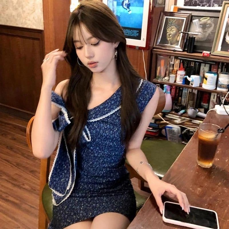 있음 안감 파란색 나비 매듭 비스듬한 어깨 꽃무늬 여성 드레스 여름 새로운 작은 키 품격 타이트 스커트 미니 스커트 이미지 5