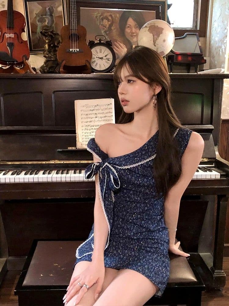있음 안감 파란색 나비 매듭 비스듬한 어깨 꽃무늬 여성 드레스 여름 새로운 작은 키 품격 타이트 스커트 미니 스커트 상세 이미지 1
