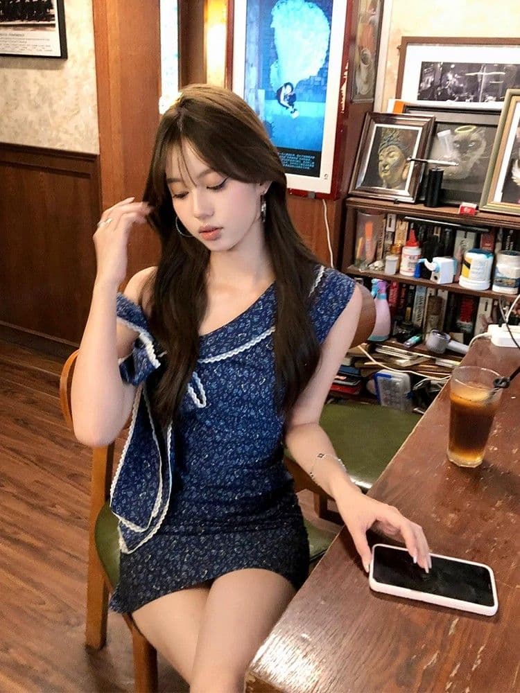 있음 안감 파란색 나비 매듭 비스듬한 어깨 꽃무늬 여성 드레스 여름 새로운 작은 키 품격 타이트 스커트 미니 스커트 상세 이미지 2