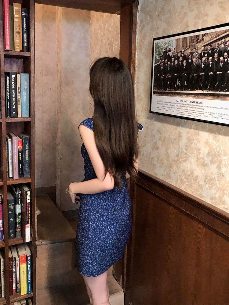 있음 안감 파란색 나비 매듭 비스듬한 어깨 꽃무늬 여성 드레스 여름 새로운 작은 키 품격 타이트 스커트 미니 스커트 상세 이미지 4