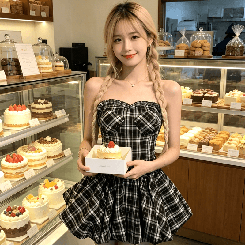 작은 키 레트로 흑인과 백인 체크무늬 민소매 튜브탑 여성 드레스 여름 새로운 순수한 욕망 허리 수축 슬림해 보이는 케이크 미니 스커트 상세 이미지 1