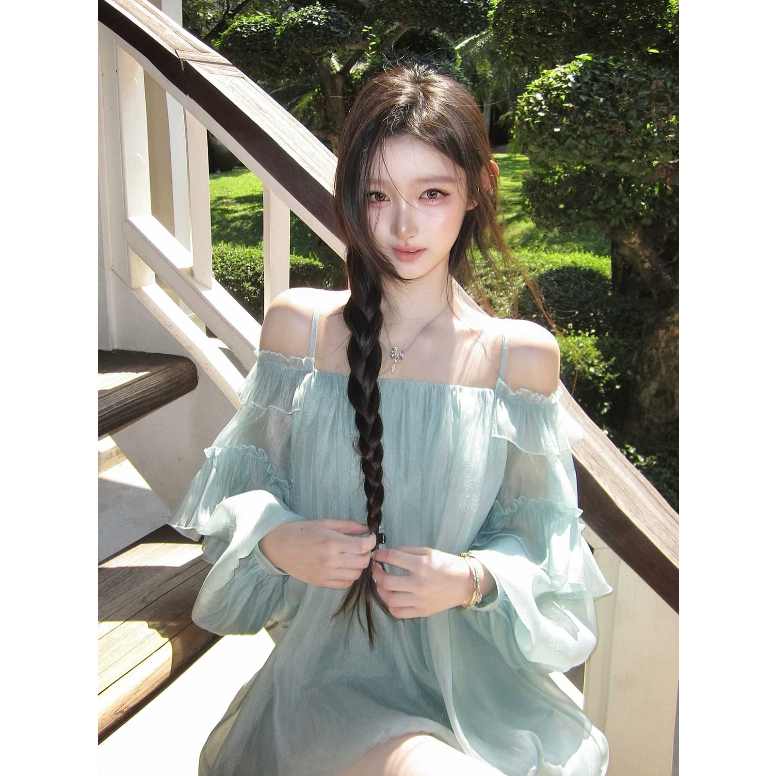감기 품격 프릴 꽃밭 센스 한 단어 오프숄더 Tulle 슬립 해변 여성 드레스 중간 길이 치마 상세 이미지 7