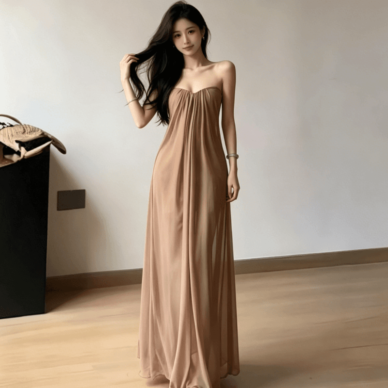 2026 새로운 봄 여름 부드러운 바람 튜브탑 망사 여성 드레스 이른 봄 고급 센스 품격 롱 스커트 휴가 치마