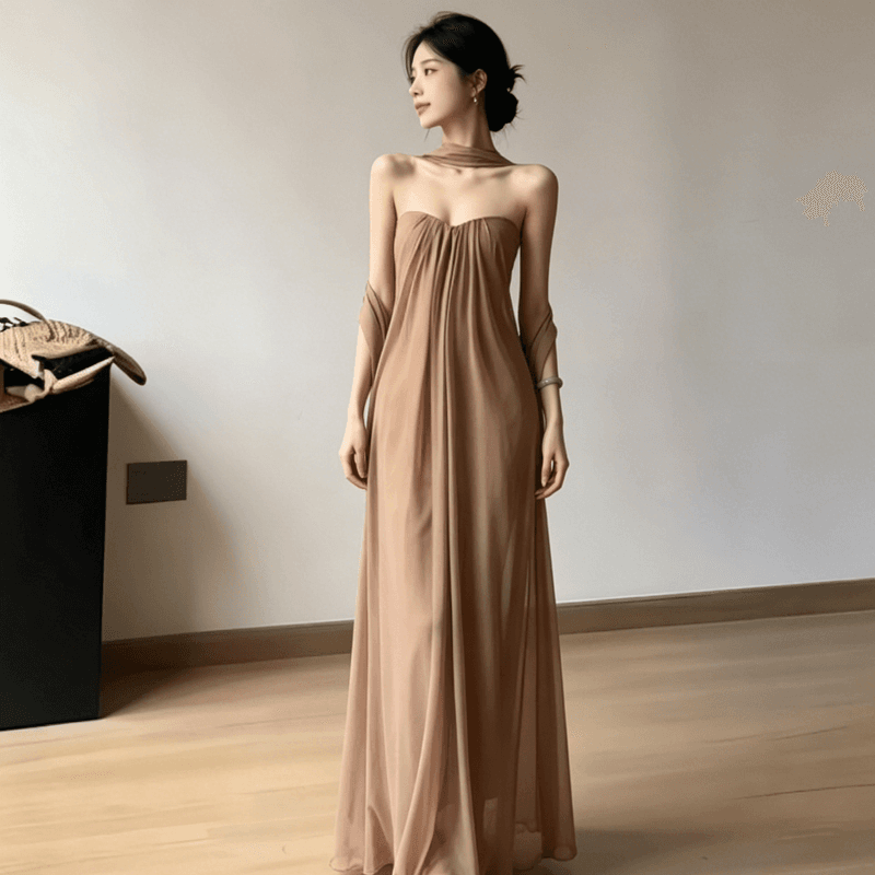 2026 새로운 봄 여름 부드러운 바람 튜브탑 망사 여성 드레스 이른 봄 고급 센스 품격 롱 스커트 휴가 치마 이미지 4