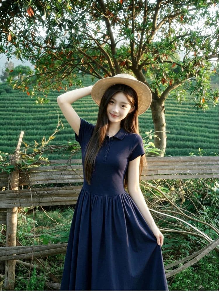 프랑스식 고급 센스 반팔 여성 드레스 2026 여름 새로운 블루 색상 긍정적 인 어깨 허리 수축 슬림해 보이는 품격 롱 스커트 상세 이미지 3