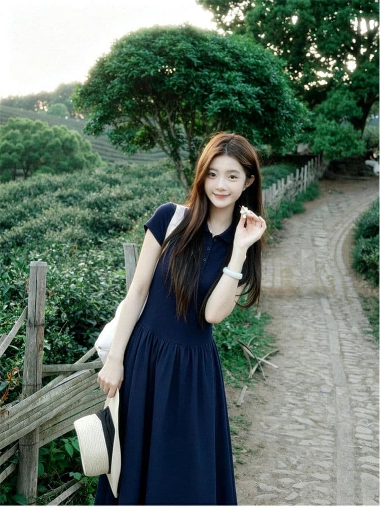 프랑스식 고급 센스 반팔 여성 드레스 2026 여름 새로운 블루 색상 긍정적 인 어깨 허리 수축 슬림해 보이는 품격 롱 스커트 상세 이미지 7