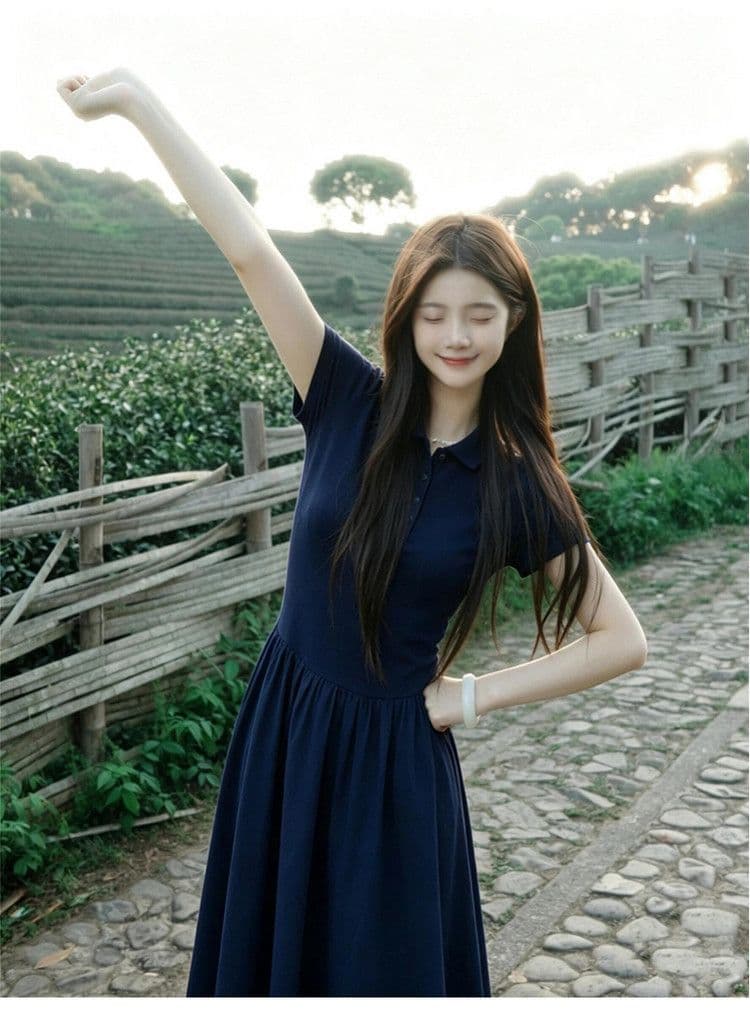 프랑스식 고급 센스 반팔 여성 드레스 2026 여름 새로운 블루 색상 긍정적 인 어깨 허리 수축 슬림해 보이는 품격 롱 스커트 상세 이미지 8