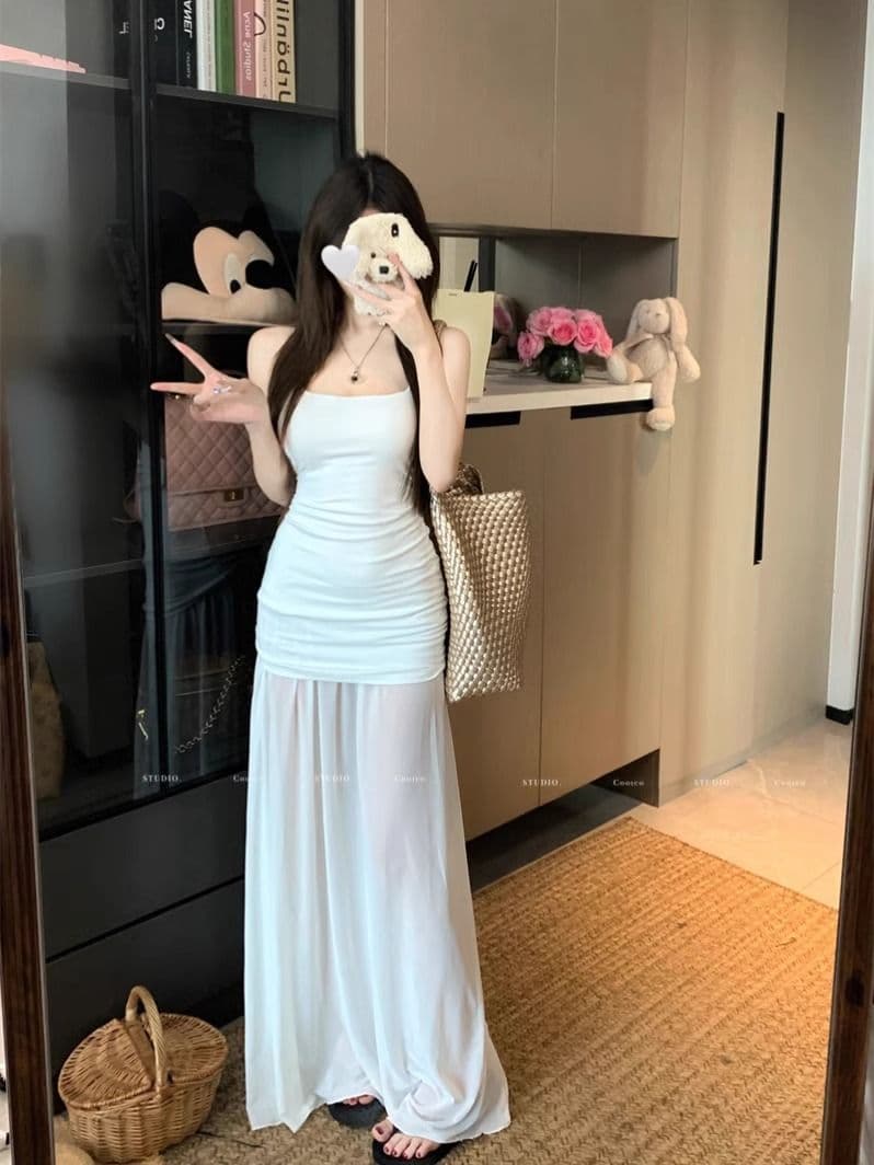 감기 예술 계열 망사 패치워크 니트 슬립 드레스 여성 순수한 욕망 u 칼라 신축성 오프숄더 백리스 허리 수축 드레스 이미지 3