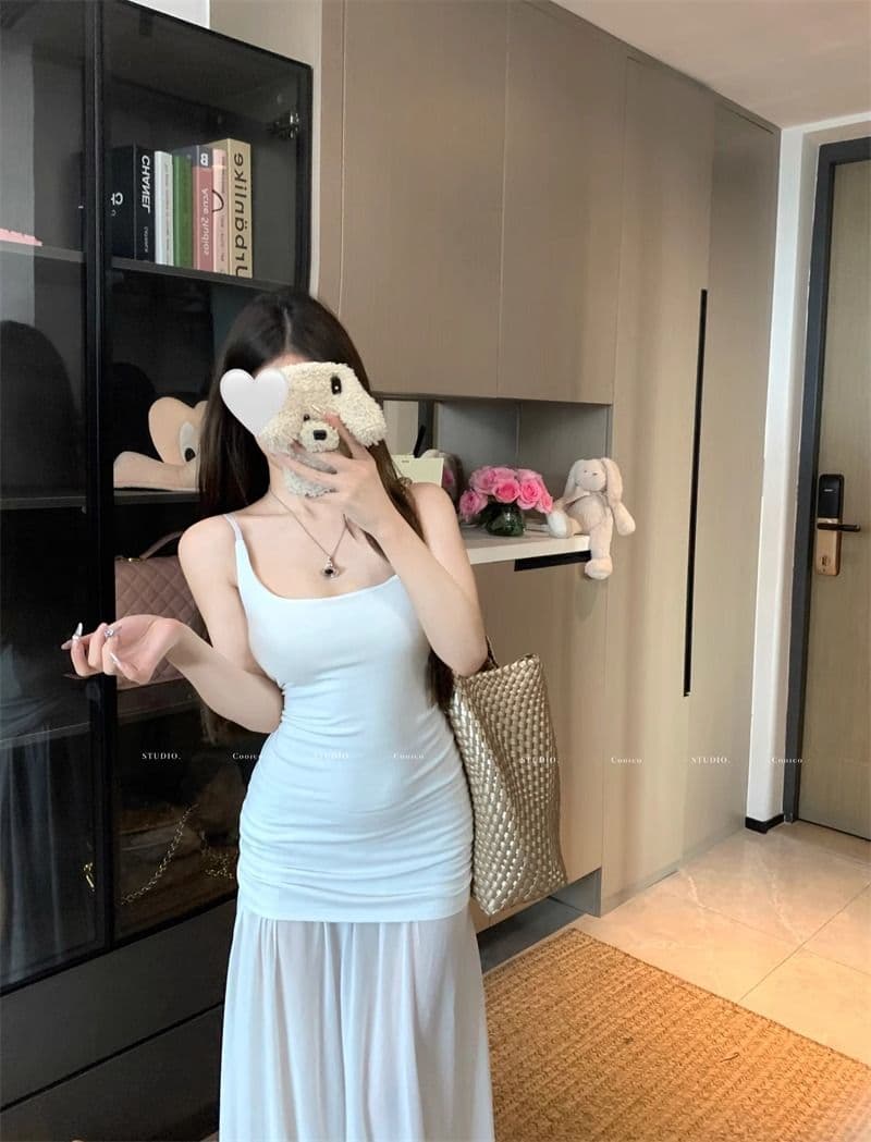 감기 예술 계열 망사 패치워크 니트 슬립 드레스 여성 순수한 욕망 u 칼라 신축성 오프숄더 백리스 허리 수축 드레스 상세 이미지 2
