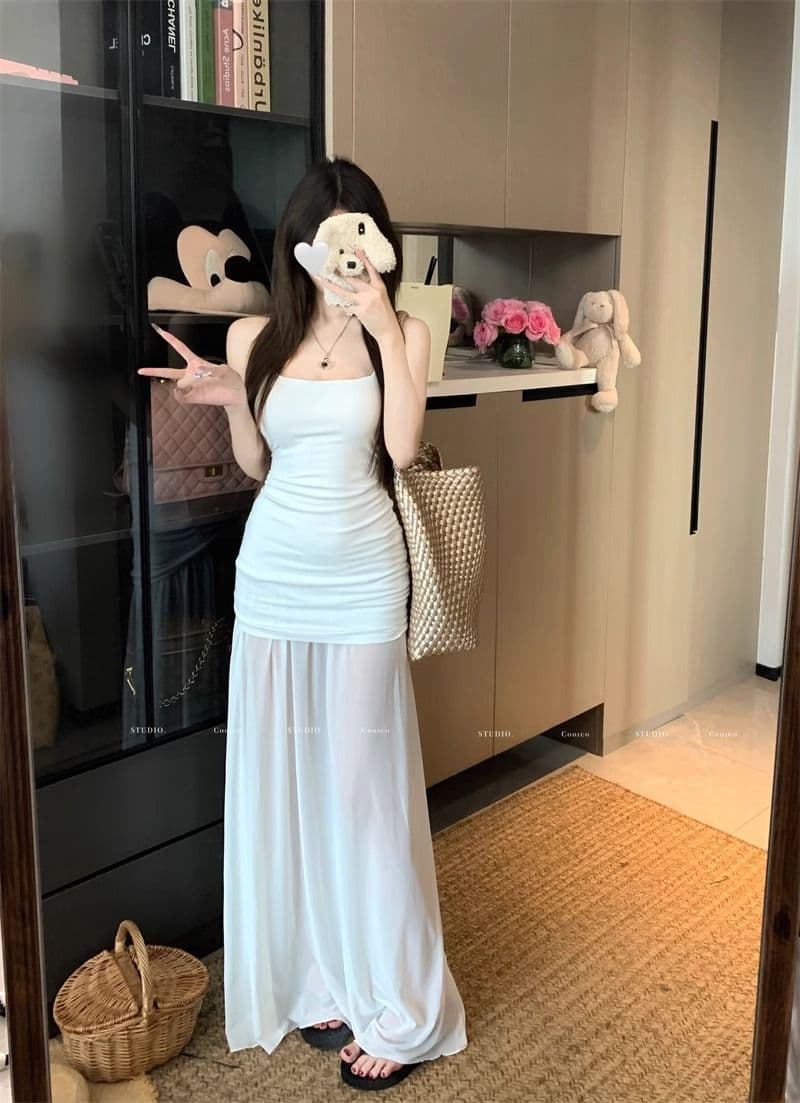 감기 예술 계열 망사 패치워크 니트 슬립 드레스 여성 순수한 욕망 u 칼라 신축성 오프숄더 백리스 허리 수축 드레스 상세 이미지 15