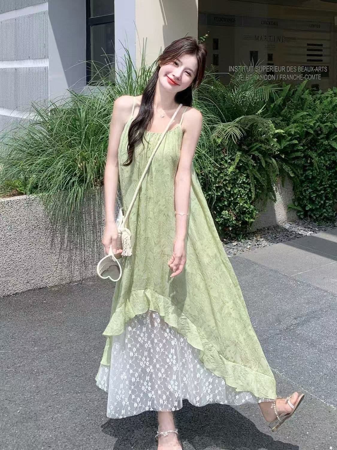 2026 여름 여행 녹색 롱 스커트 디자인 센스 행침 목 슬립 여성 드레스 루즈핏 품격 해변가 휴가 치마 상세 이미지 4