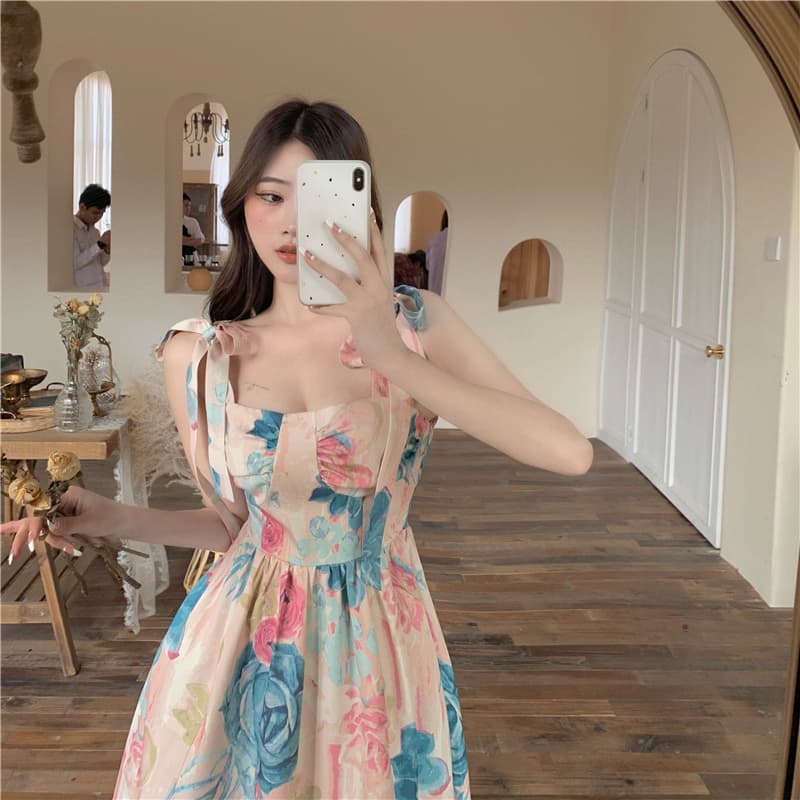 슈퍼 요정 하이난 삼아 해변가 휴가 여행 사진 찍기 슬립 드레스 프랑스식 레트로 유화 프린트 품격 드레스