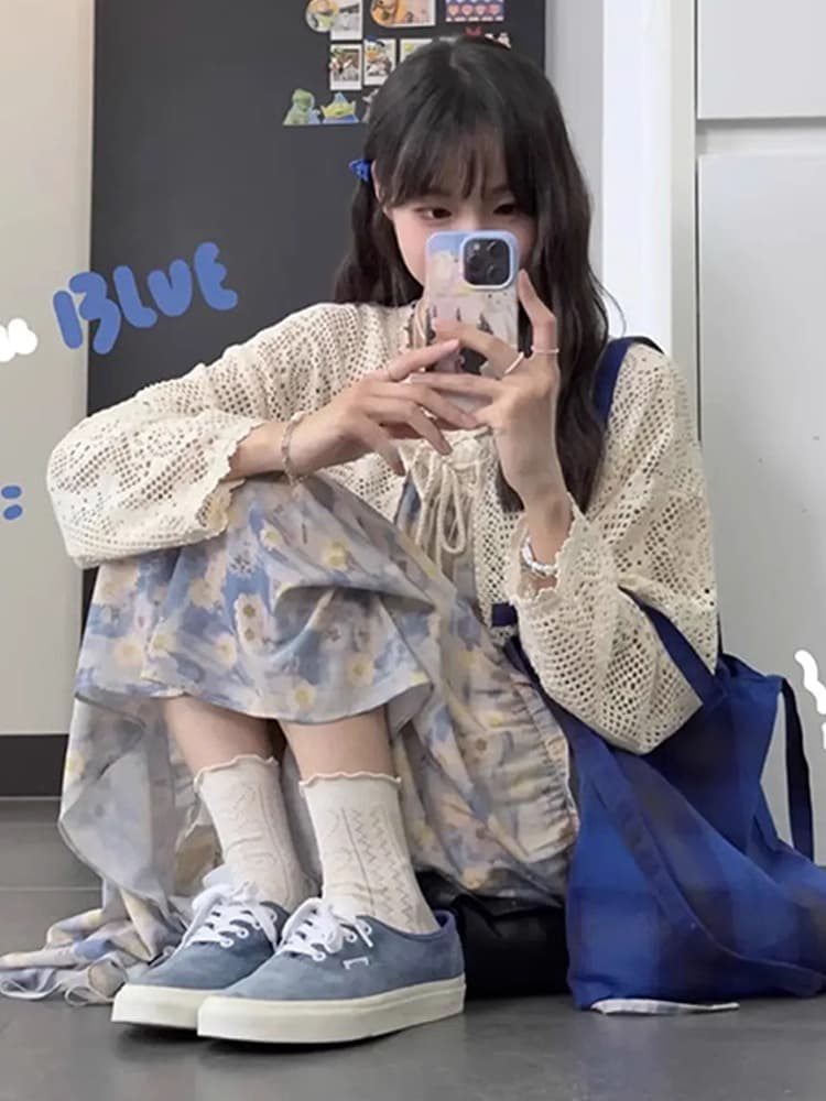 프랑스식 부드러운 바람 파란색 슬립 꽃무늬 드레스 아이들 롱 스커트 여름 새로운 여행 착용 가져 가라. 이미지 2