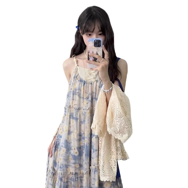 프랑스식 부드러운 바람 파란색 슬립 꽃무늬 드레스 아이들 롱 스커트 여름 새로운 여행 착용 가져 가라. 상세 이미지 6