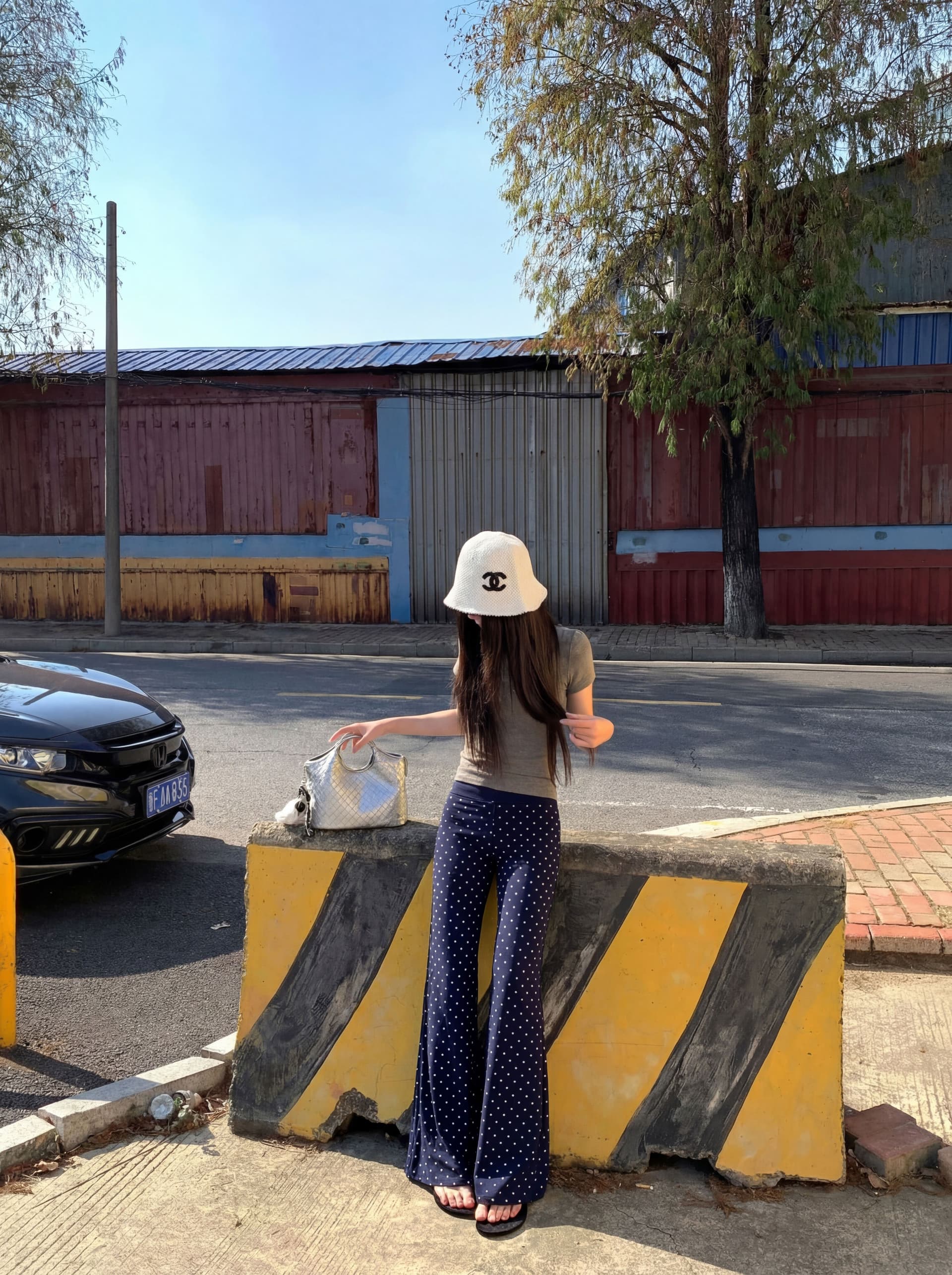 한 부서 해군 도트 무늬 바지 나팔 바지 캐주얼 바지 여성 의류 여름 패션 다용도 몸매 가꾸기 부츠컷 바지 굴곡 바지 상세 이미지 5