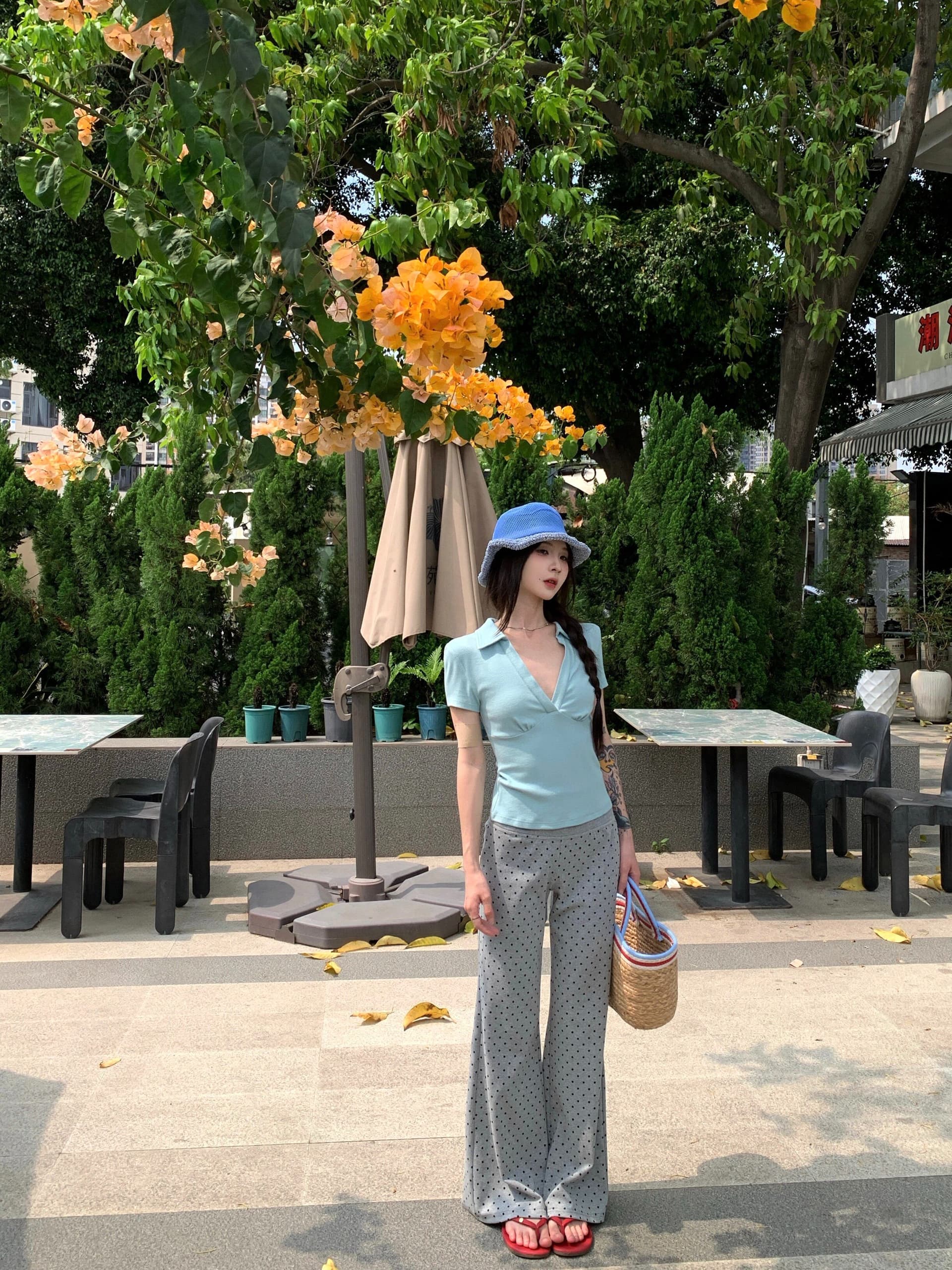 한 부서 해군 도트 무늬 바지 나팔 바지 캐주얼 바지 여성 의류 여름 패션 다용도 몸매 가꾸기 부츠컷 바지 굴곡 바지 상세 이미지 9