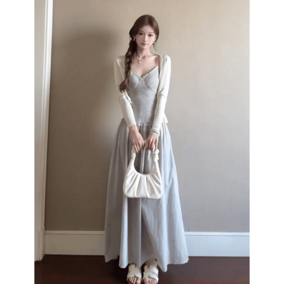 프랑스식 달콤함 몸매 가꾸기 패션 착용 가져 가라. 얇은 스타일 긴팔 오픈 가디건 맨위 여성 슬림해 보이는 체크무늬 슬립 드레스 여름 세트 상세 이미지 3