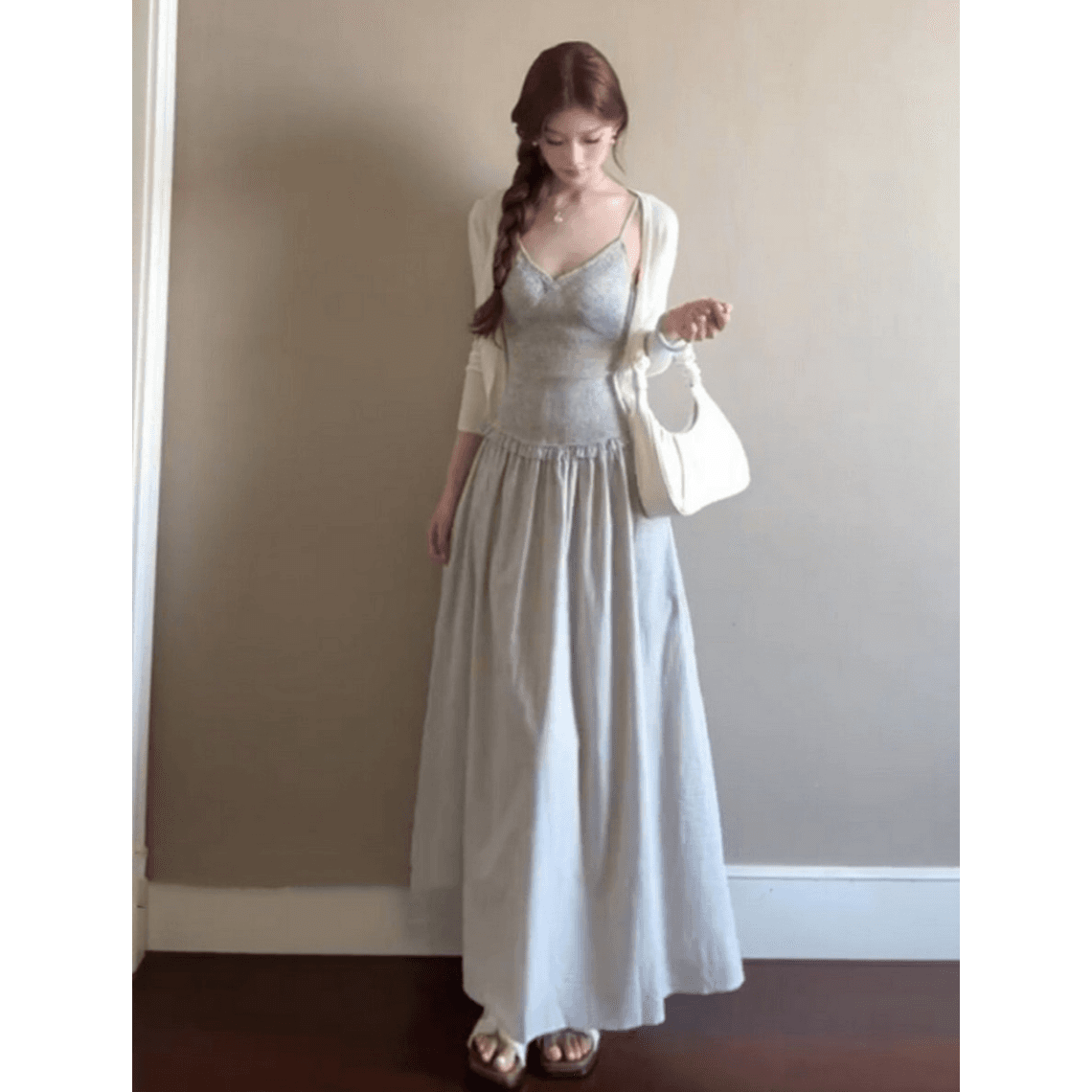 프랑스식 달콤함 몸매 가꾸기 패션 착용 가져 가라. 얇은 스타일 긴팔 오픈 가디건 맨위 여성 슬림해 보이는 체크무늬 슬립 드레스 여름 세트 상세 이미지 5