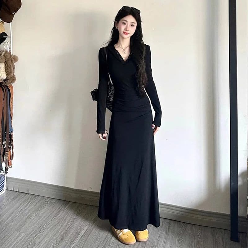 고급 센스 패션 다용도 여성 드레스 가을 디자인 센스 허리 수축 슬림해 보이는 롱 스커트 명문 여성 우아함 부드러운 A라인 스커트 이미지 3