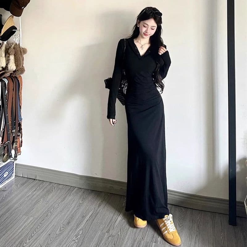 고급 센스 패션 다용도 여성 드레스 가을 디자인 센스 허리 수축 슬림해 보이는 롱 스커트 명문 여성 우아함 부드러운 A라인 스커트 이미지 5