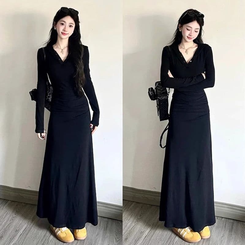 고급 센스 패션 다용도 여성 드레스 가을 디자인 센스 허리 수축 슬림해 보이는 롱 스커트 명문 여성 우아함 부드러운 A라인 스커트 상세 이미지 7