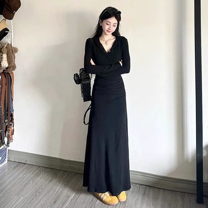 고급 센스 패션 다용도 여성 드레스 가을 디자인 센스 허리 수축 슬림해 보이는 롱 스커트 명문 여성 우아함 부드러운 A라인 스커트 상세 이미지 8