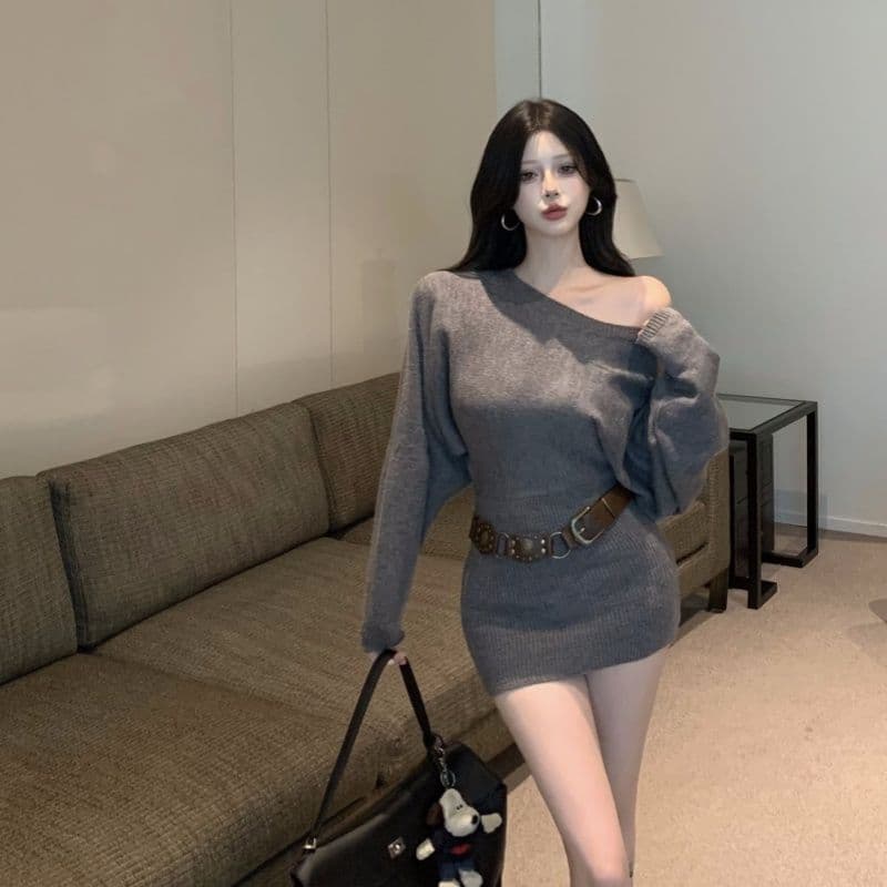 한 부서 비스듬한 어깨 배트윙 소매 스웨터 여성 드레스 가을 겨울 새로운 벨트 포함 품격 핫걸 타이트 스커트 미니 스커트 상세 이미지 2