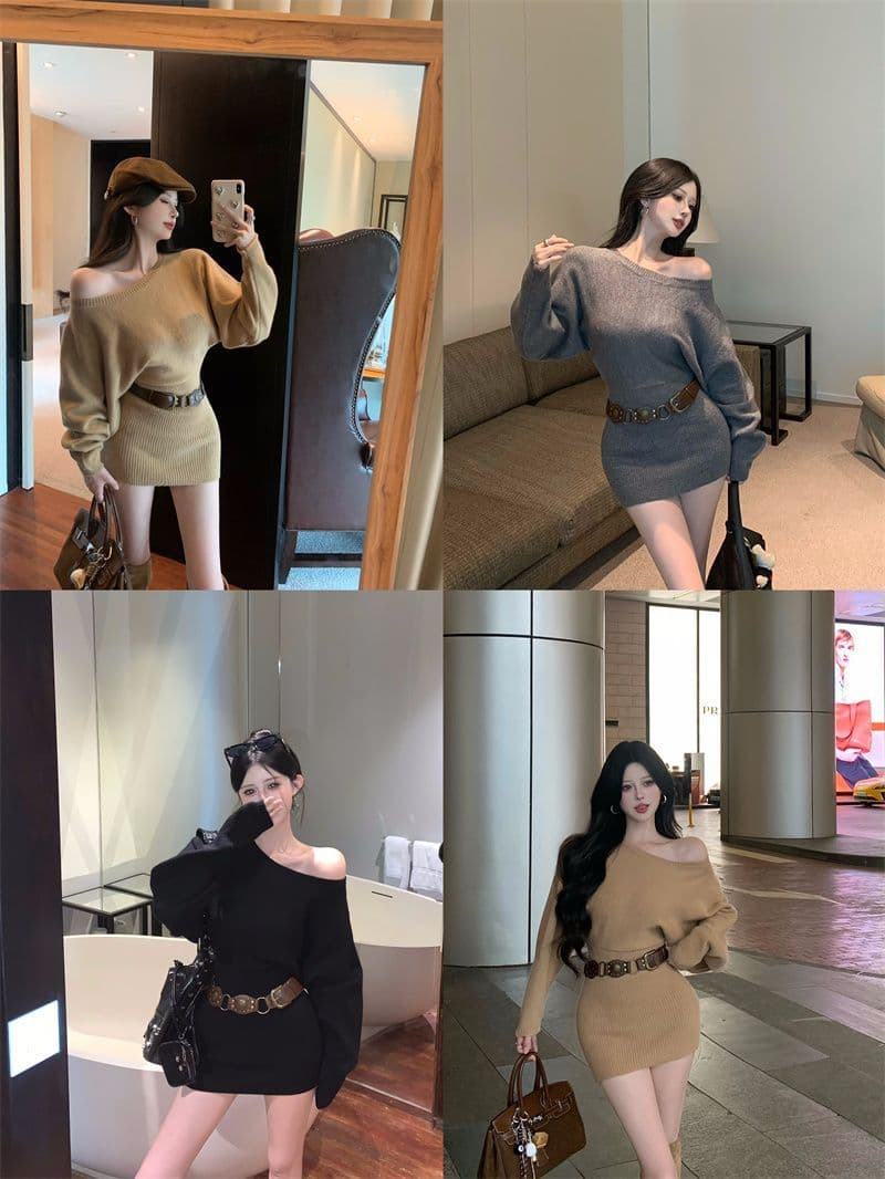 한 부서 비스듬한 어깨 배트윙 소매 스웨터 여성 드레스 가을 겨울 새로운 벨트 포함 품격 핫걸 타이트 스커트 미니 스커트 상세 이미지 5