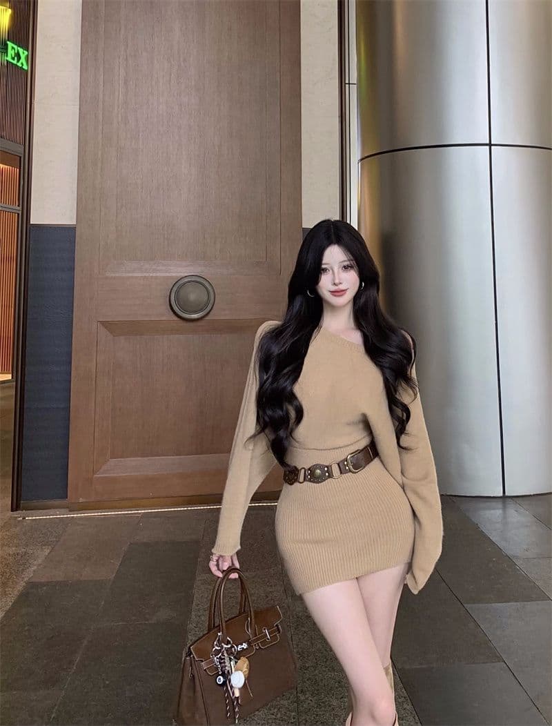 한 부서 비스듬한 어깨 배트윙 소매 스웨터 여성 드레스 가을 겨울 새로운 벨트 포함 품격 핫걸 타이트 스커트 미니 스커트 상세 이미지 6