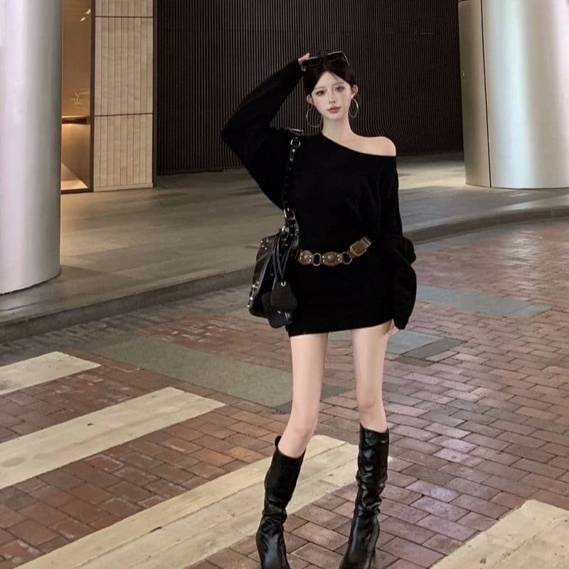 한 부서 비스듬한 어깨 배트윙 소매 스웨터 여성 드레스 가을 겨울 새로운 벨트 포함 품격 핫걸 타이트 스커트 미니 스커트 이미지 5