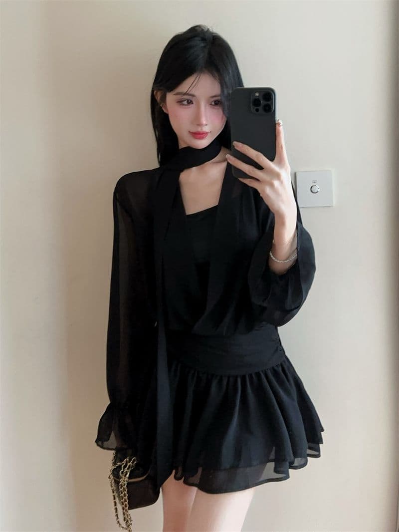 회색 리본 십자가 V넥 긴팔 여성 드레스 이른 가을 품격 닫기 피팅 미니 스커트 명문 여성 로얄 자매 바람 한 마디 치마 이미지 3