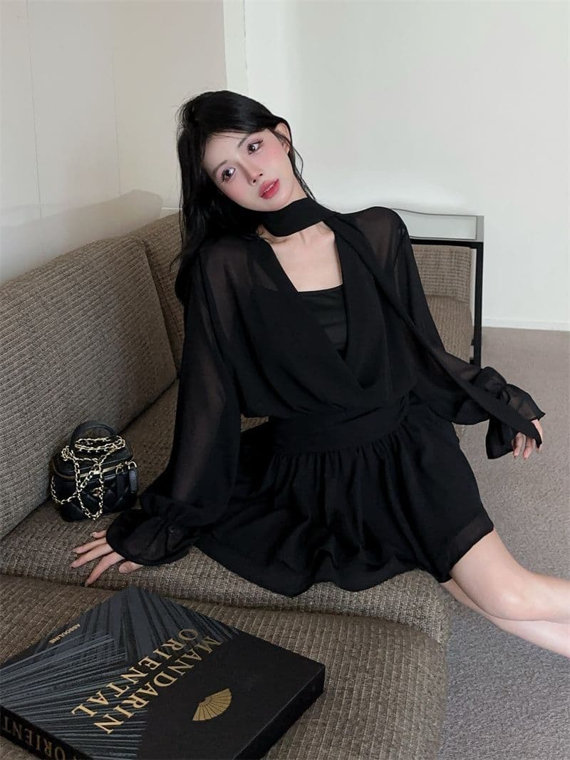 회색 리본 십자가 V넥 긴팔 여성 드레스 이른 가을 품격 닫기 피팅 미니 스커트 명문 여성 로얄 자매 바람 한 마디 치마