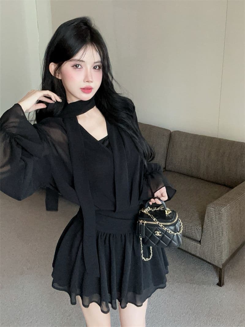 회색 리본 십자가 V넥 긴팔 여성 드레스 이른 가을 품격 닫기 피팅 미니 스커트 명문 여성 로얄 자매 바람 한 마디 치마 상세 이미지 2