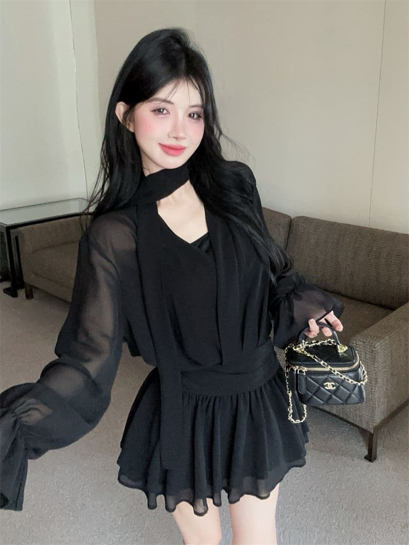 회색 리본 십자가 V넥 긴팔 여성 드레스 이른 가을 품격 닫기 피팅 미니 스커트 명문 여성 로얄 자매 바람 한 마디 치마 상세 이미지 7