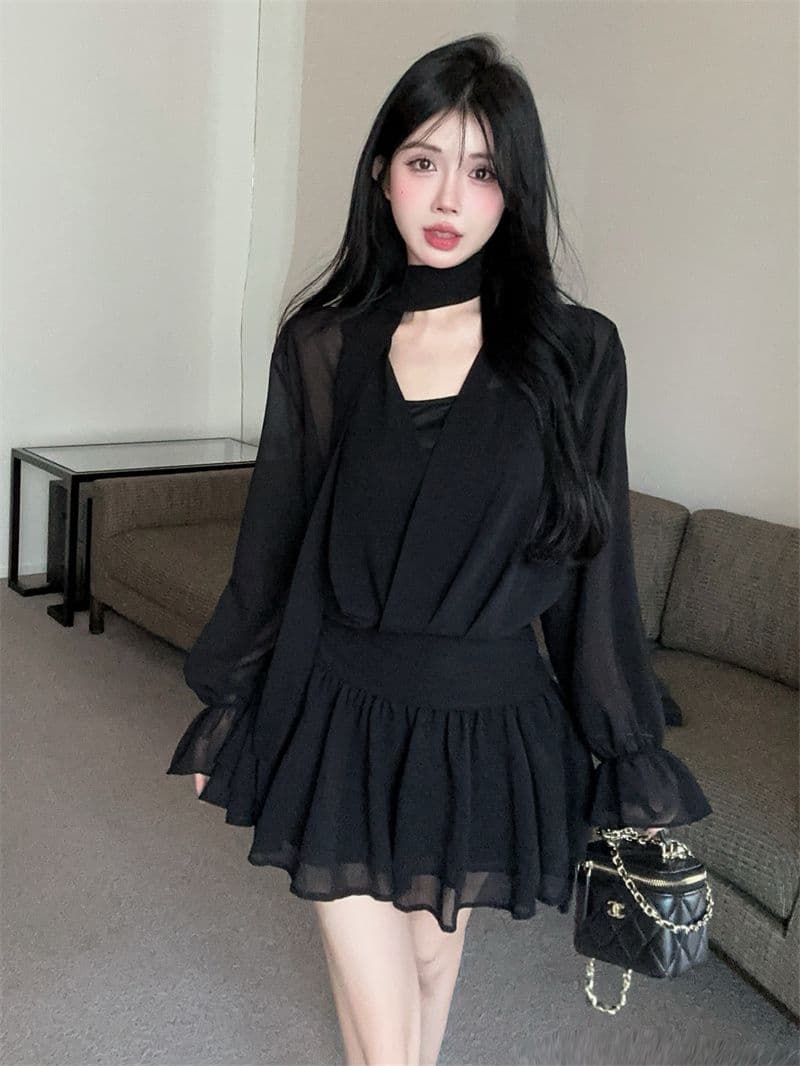 회색 리본 십자가 V넥 긴팔 여성 드레스 이른 가을 품격 닫기 피팅 미니 스커트 명문 여성 로얄 자매 바람 한 마디 치마 상세 이미지 8