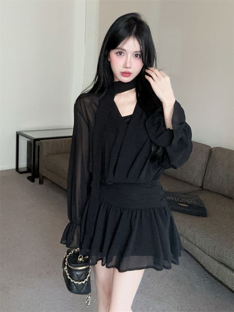 회색 리본 십자가 V넥 긴팔 여성 드레스 이른 가을 품격 닫기 피팅 미니 스커트 명문 여성 로얄 자매 바람 한 마디 치마 상세 이미지 9