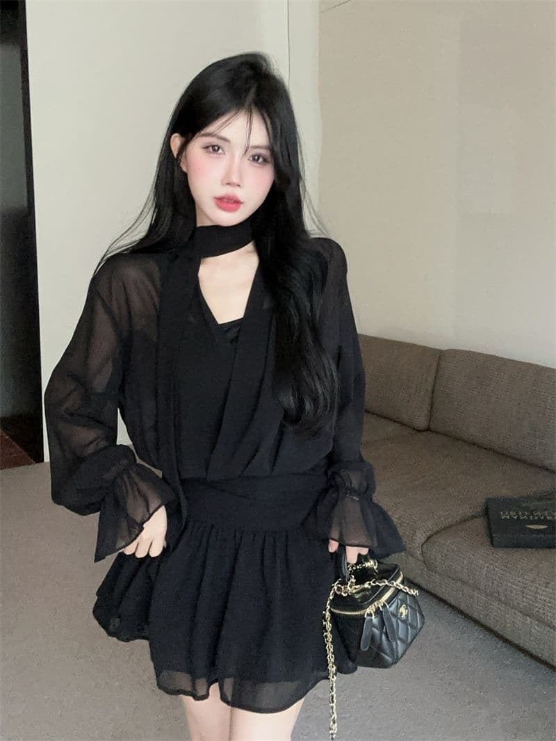 회색 리본 십자가 V넥 긴팔 여성 드레스 이른 가을 품격 닫기 피팅 미니 스커트 명문 여성 로얄 자매 바람 한 마디 치마 상세 이미지 10