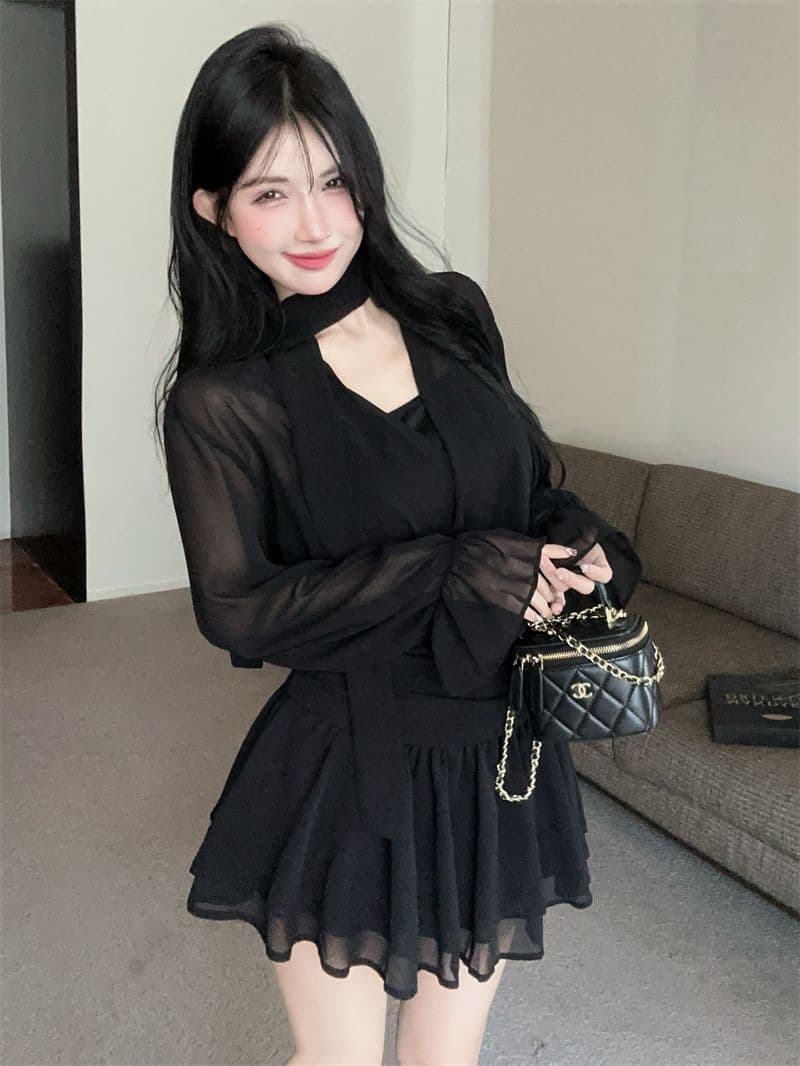 회색 리본 십자가 V넥 긴팔 여성 드레스 이른 가을 품격 닫기 피팅 미니 스커트 명문 여성 로얄 자매 바람 한 마디 치마 상세 이미지 11