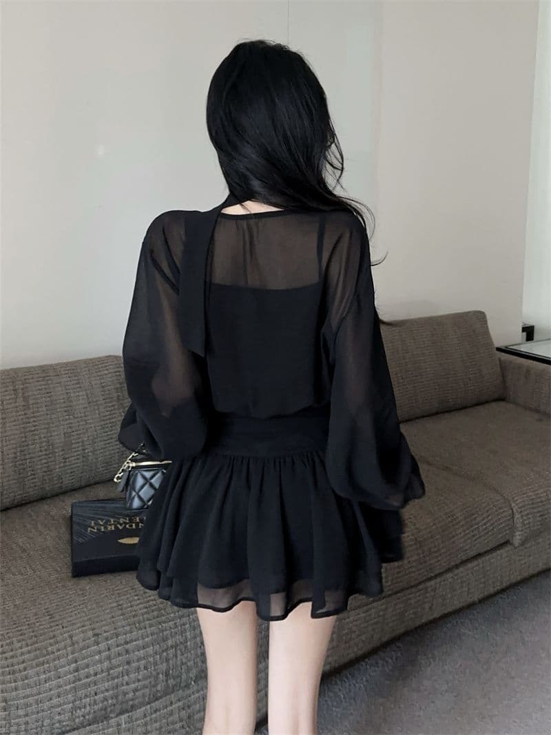 회색 리본 십자가 V넥 긴팔 여성 드레스 이른 가을 품격 닫기 피팅 미니 스커트 명문 여성 로얄 자매 바람 한 마디 치마 상세 이미지 12